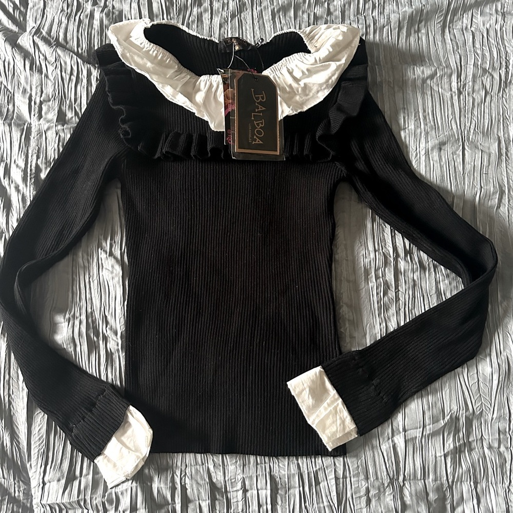 Balboa Black and White Ruffled Sweater - Boutique Designer - New with tags